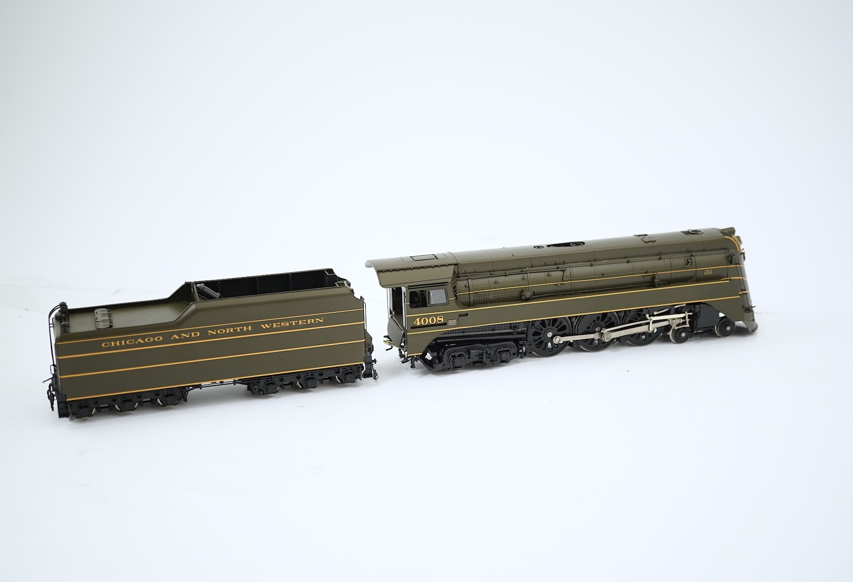 A boxed HO gauge Challenger Imports Ltd. model of Chicago and North Western Class E-4, 4008, streamlined 4-6-4 locomotive with bogie tender, powered for two rail operation.